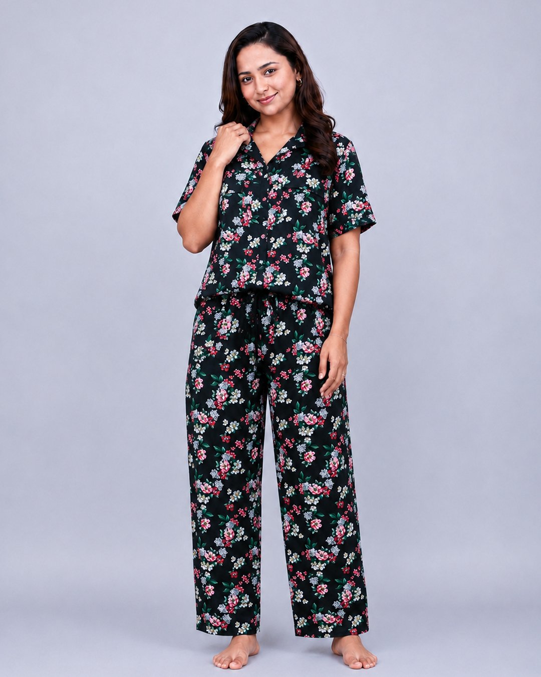 Black Floral Bouquet Print Co-ord Shirt Set