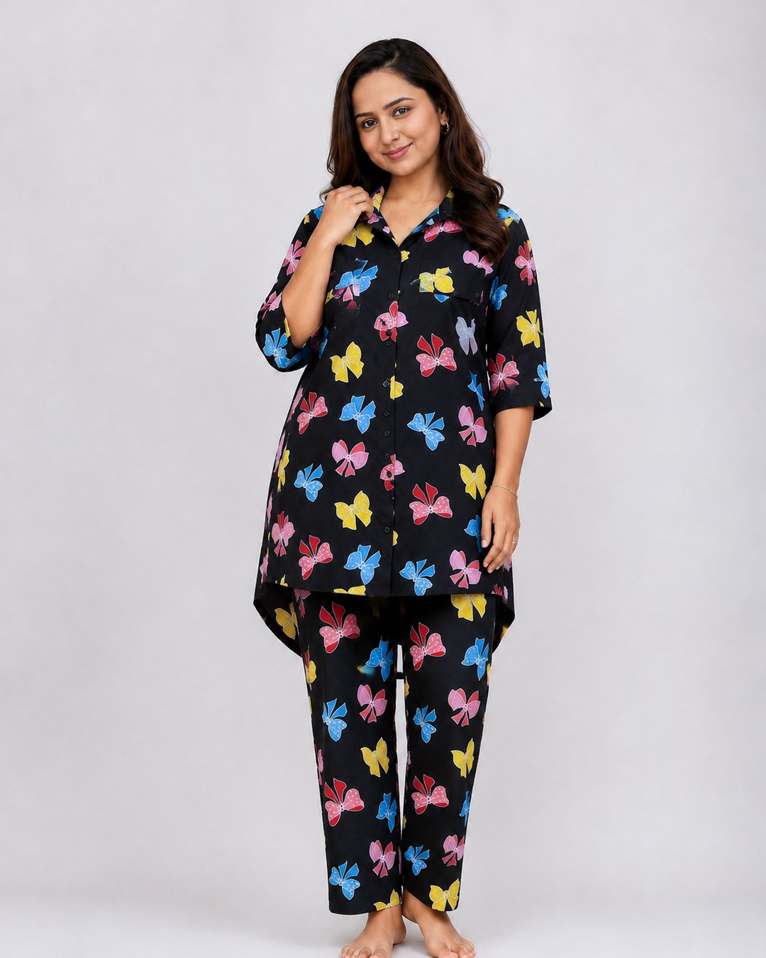 Black Multicolor Bow Print Co-ord Set
