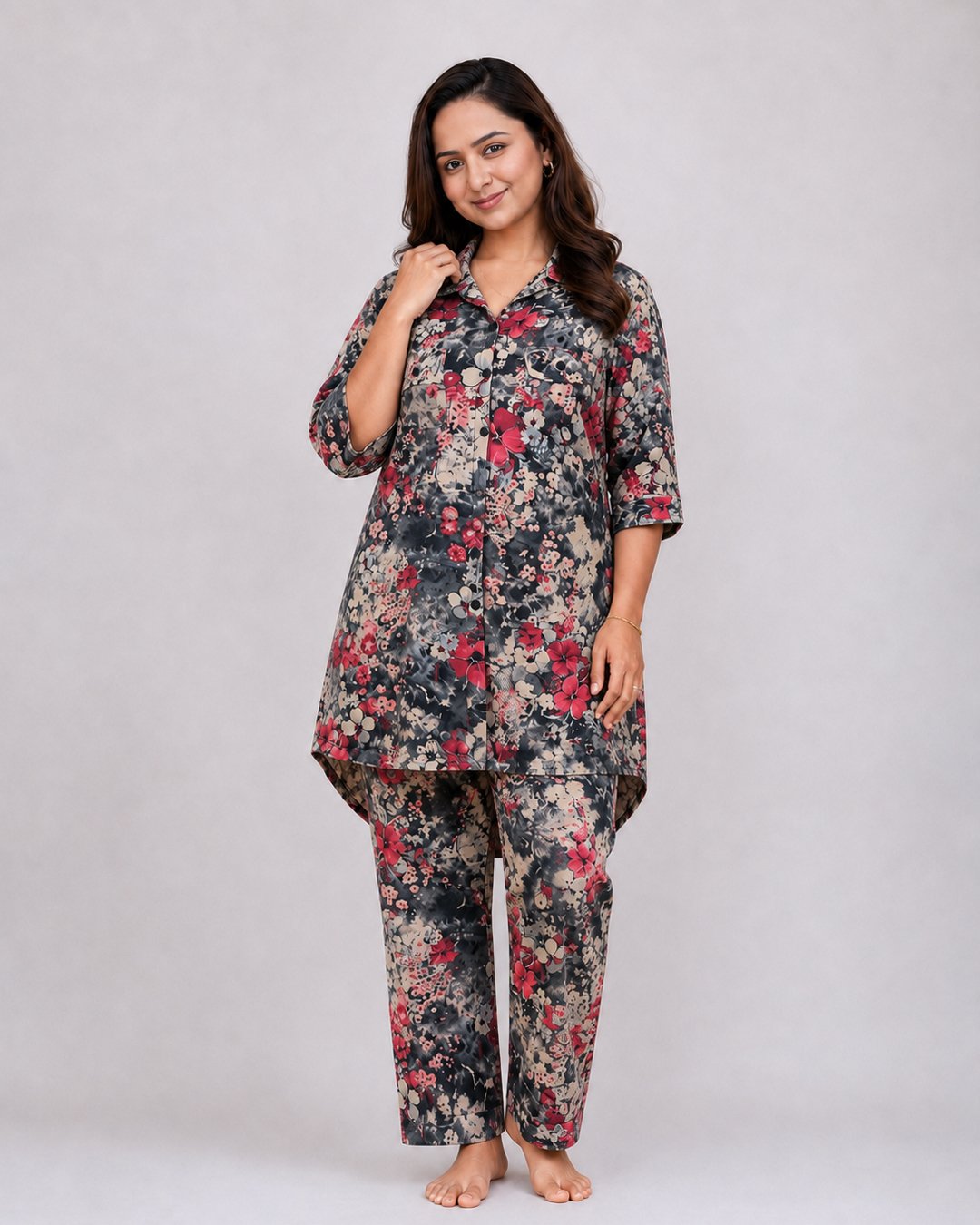 Black Red Floral Print Co-ord Set