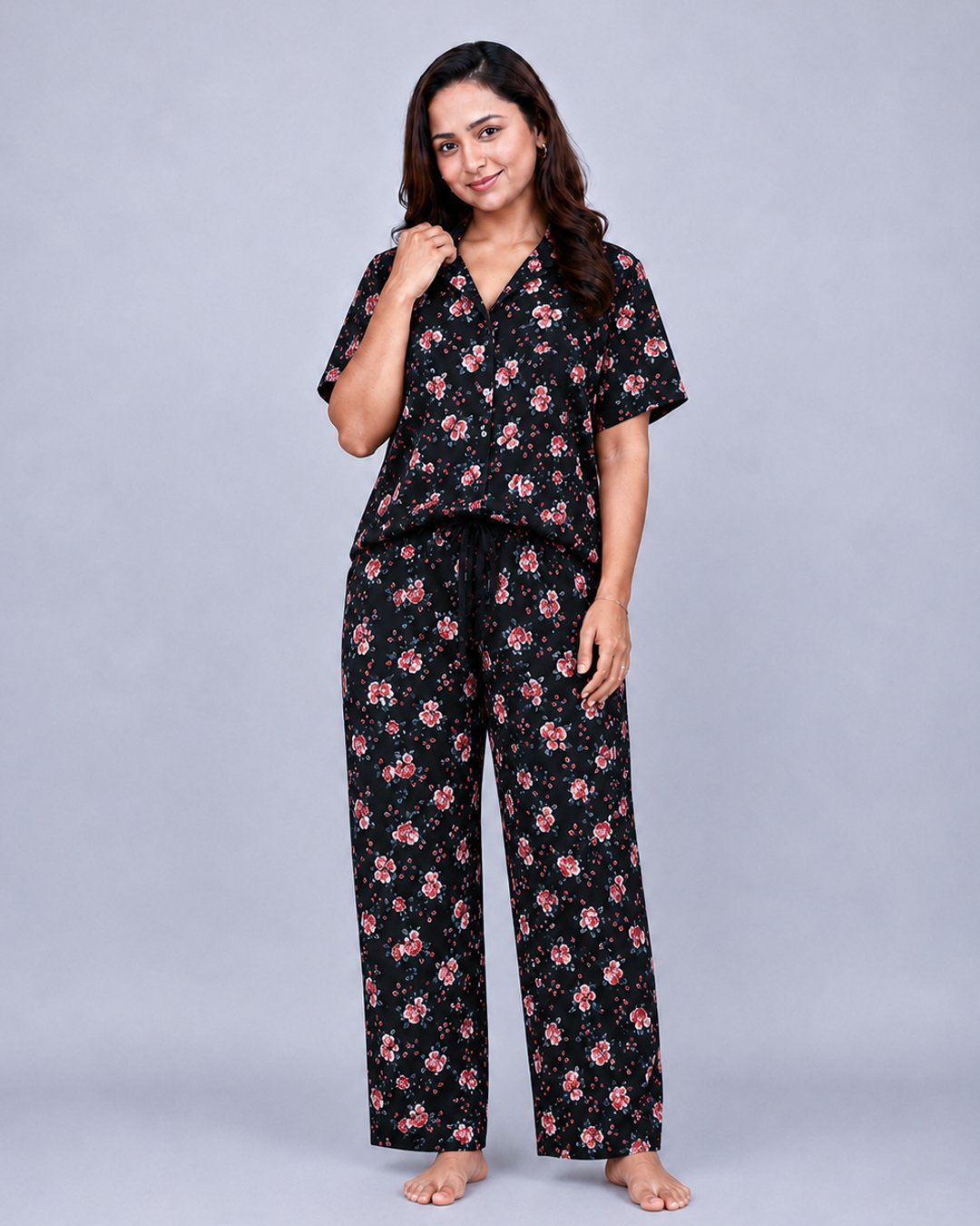 Black Rose Floral Print Co-ord Shirt Set