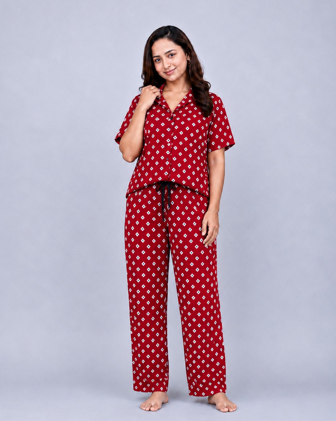 Bright Red Diamond Print Co-ord Shirt Set