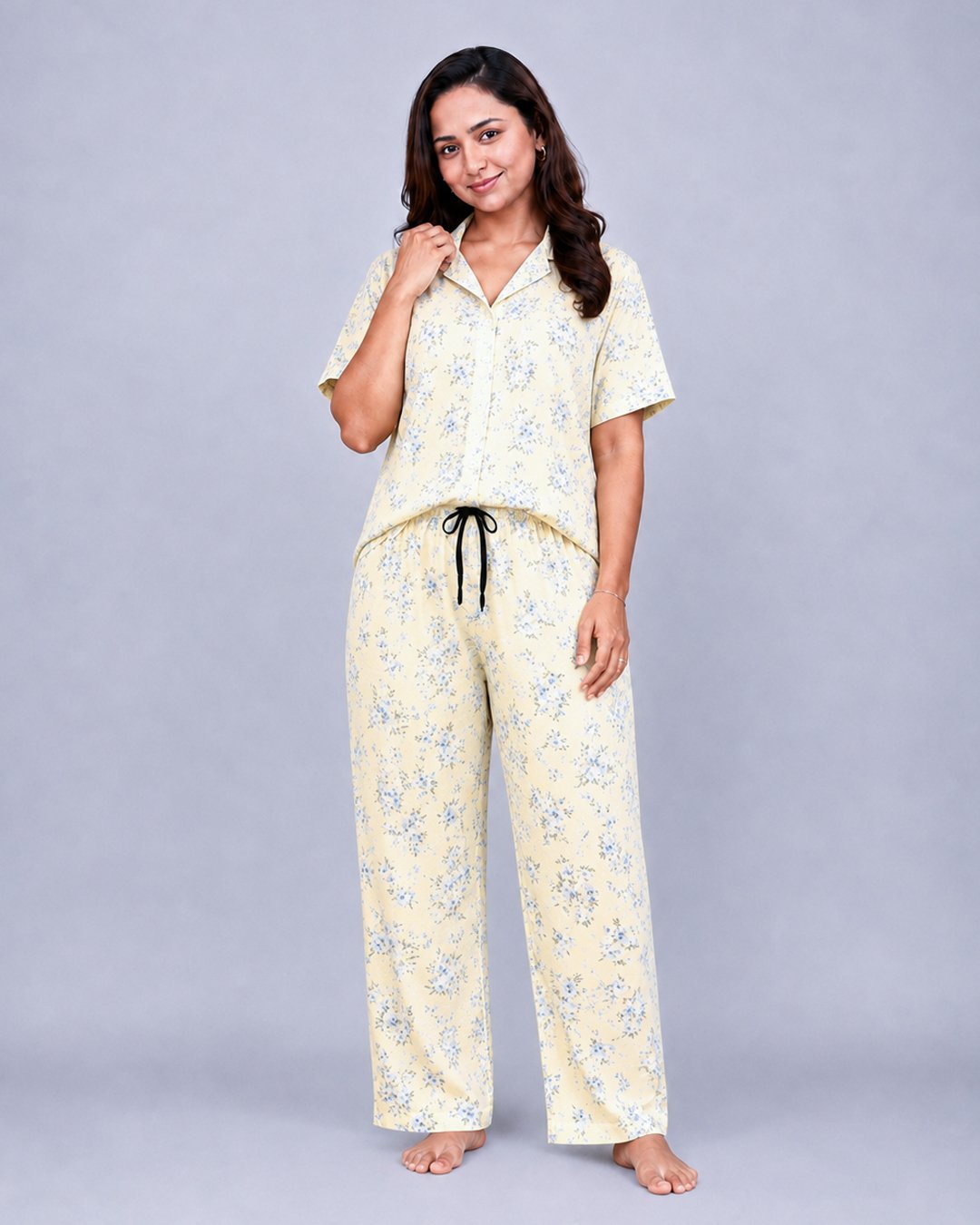 Butter Yellow Blue Floral Print Co-ord Shirt Set