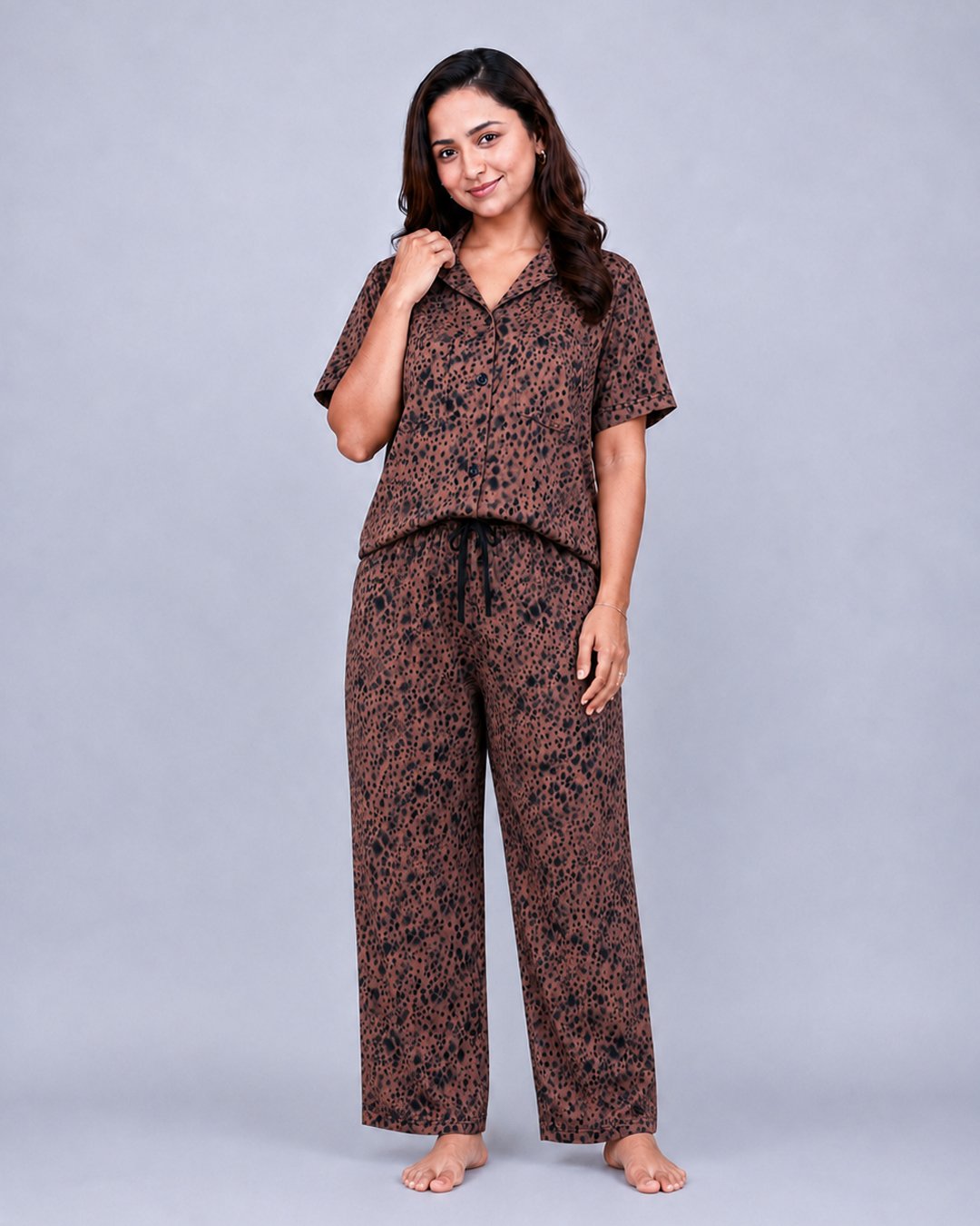 Caramel Brown Leopard Print Co-ord Shirt Set