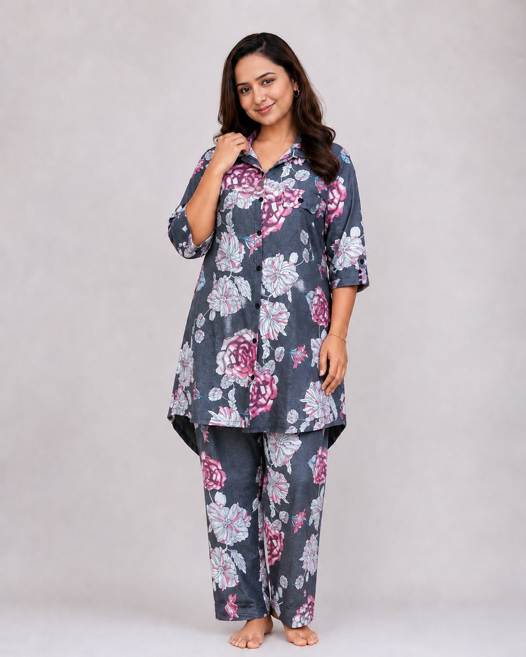 Charcoal Pink Floral Print Co-ord Set