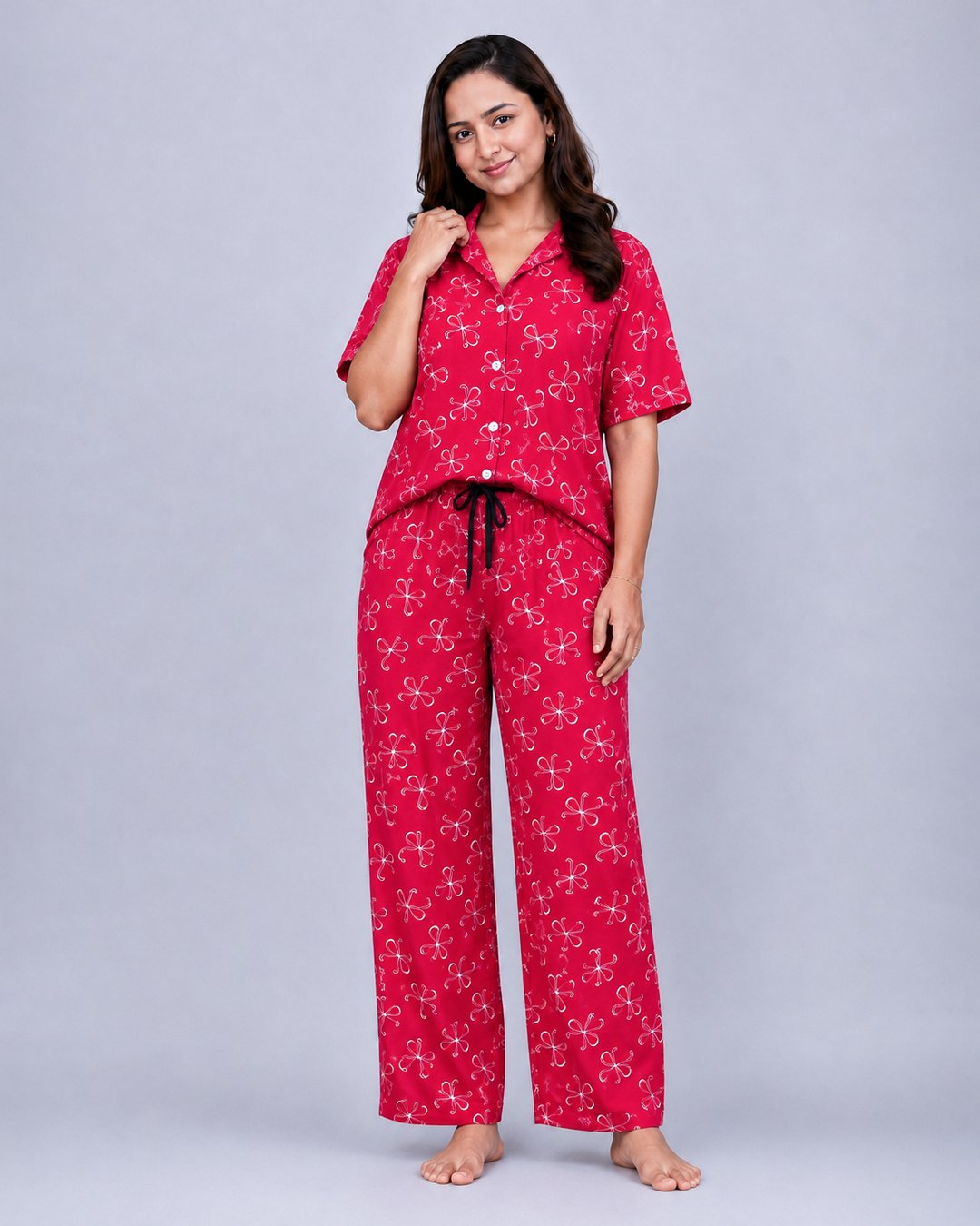 Cherry Red Bow Print Co-ord Shirt Set