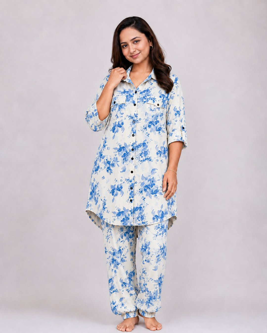 Cream White Blue Floral Print Co-ord Set