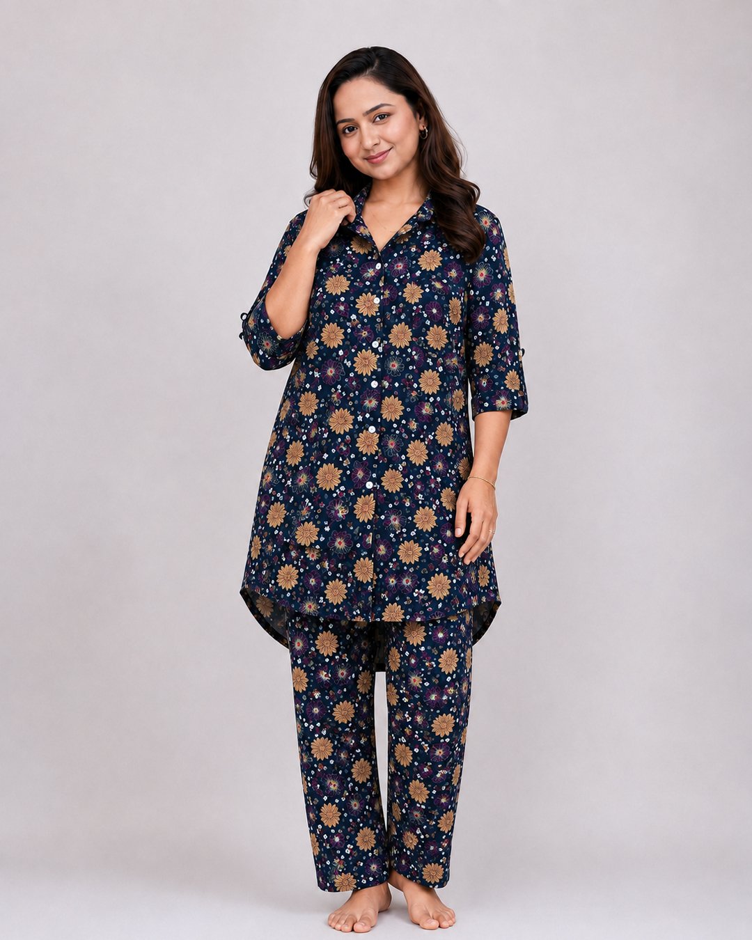 Dark Navy Blue Floral Print Co-ord Set
