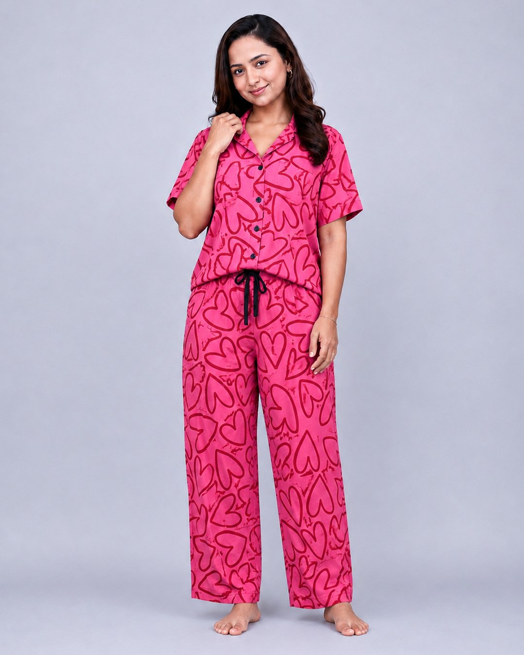 Hot Pink Heart Graphic Print Co-ord Shirt Set