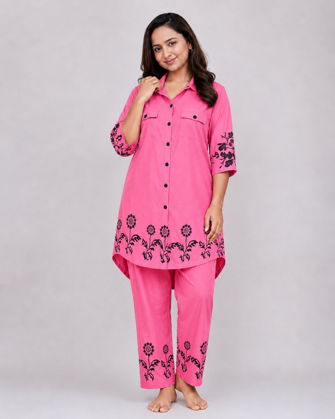 Hot Pink Floral Border Print Co-ord Set