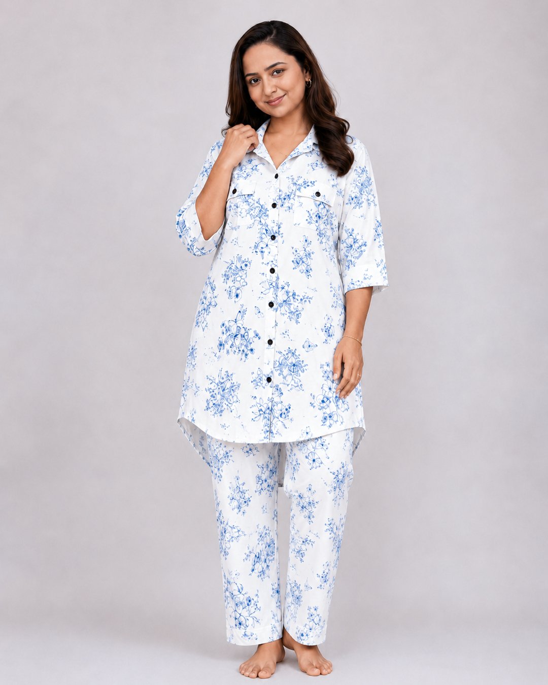 Ivory White Blue Floral Print Mint Aqua Co-ord Set
