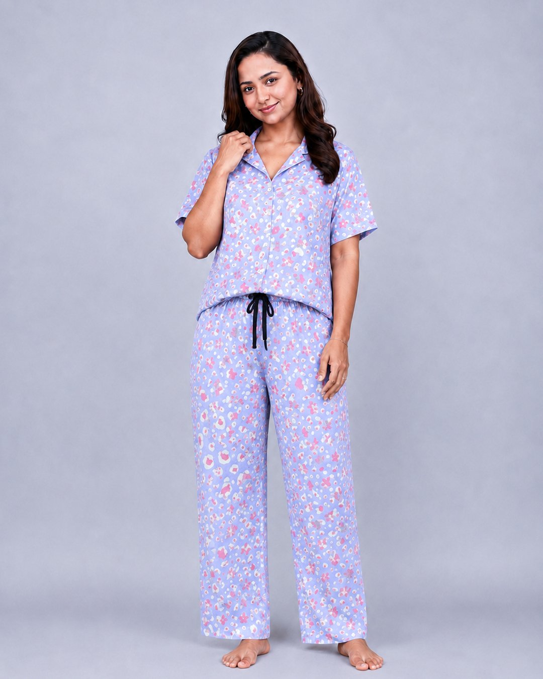Lavender Blue Mini Floral Print Co-ord Shirt Set