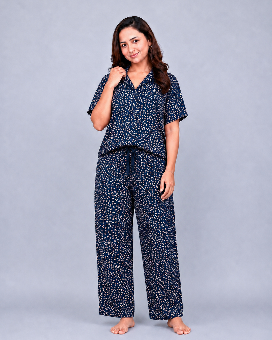 Navy Blue Mini Leopard Print Co-ord Shirt Set