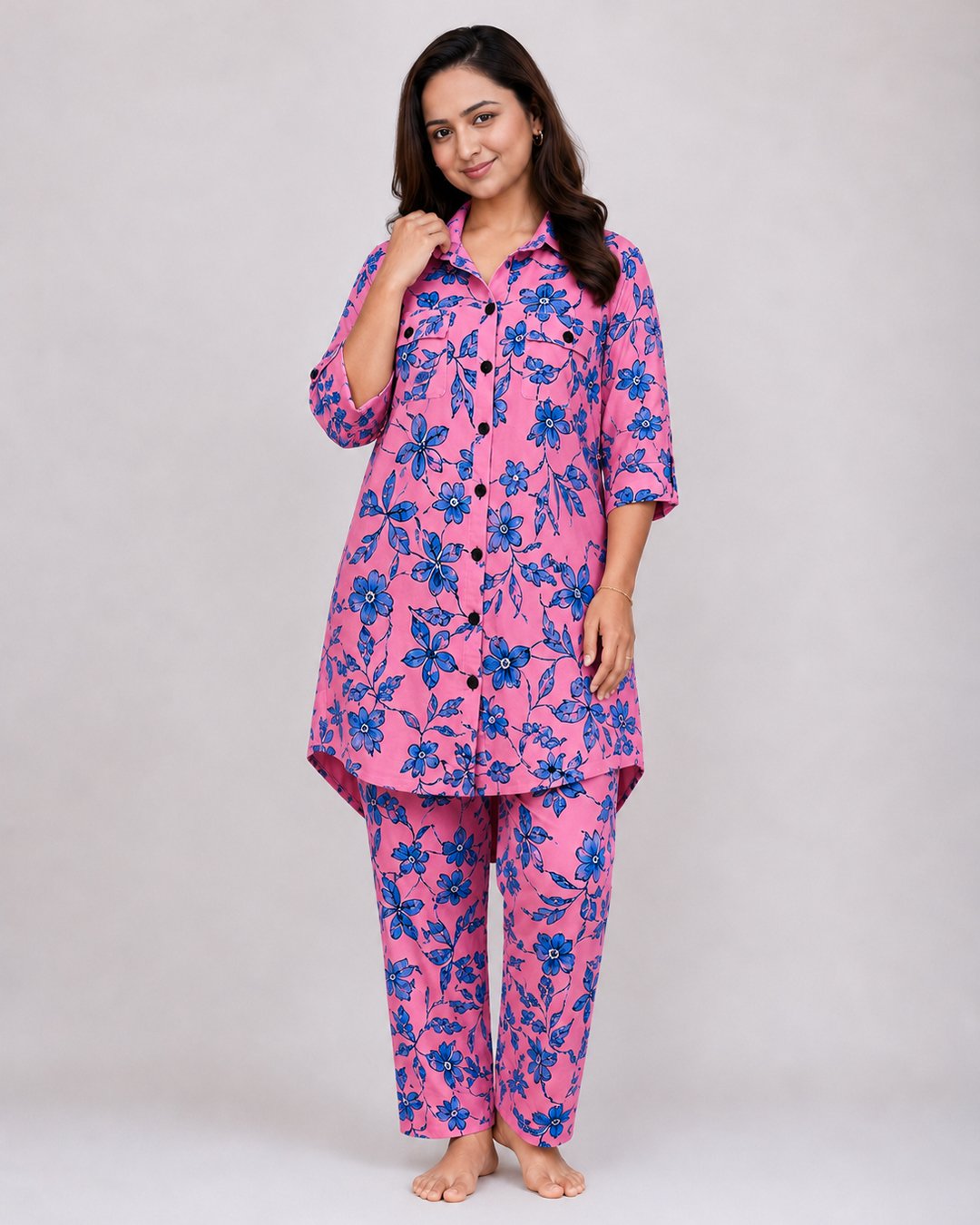 Rose Pink Blue Floral Print Co-ord Set