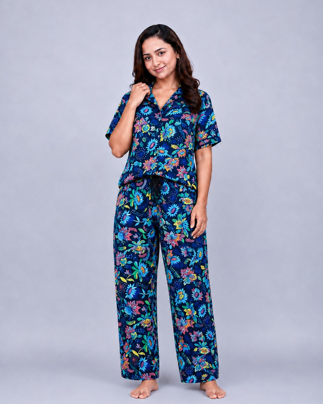 Royal Blue Colorful Floral Print Co-ord Shirt Set