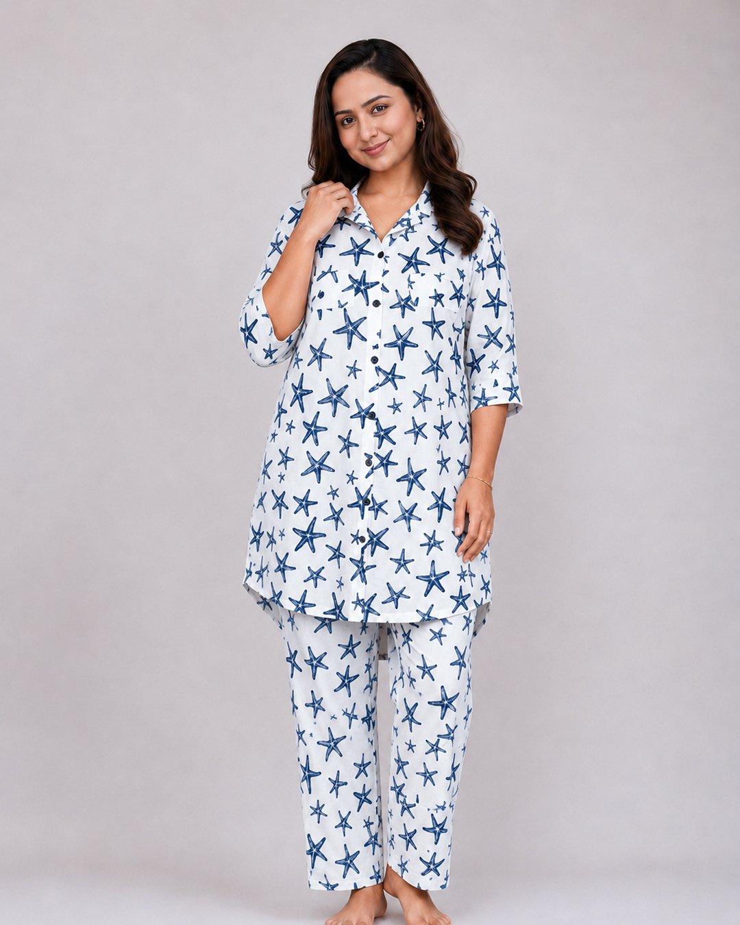 White Blue Star Print Co-ord Set