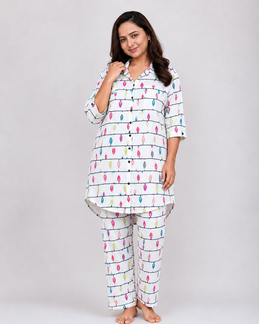 White Multicolor Leaf Print Co-ord Set