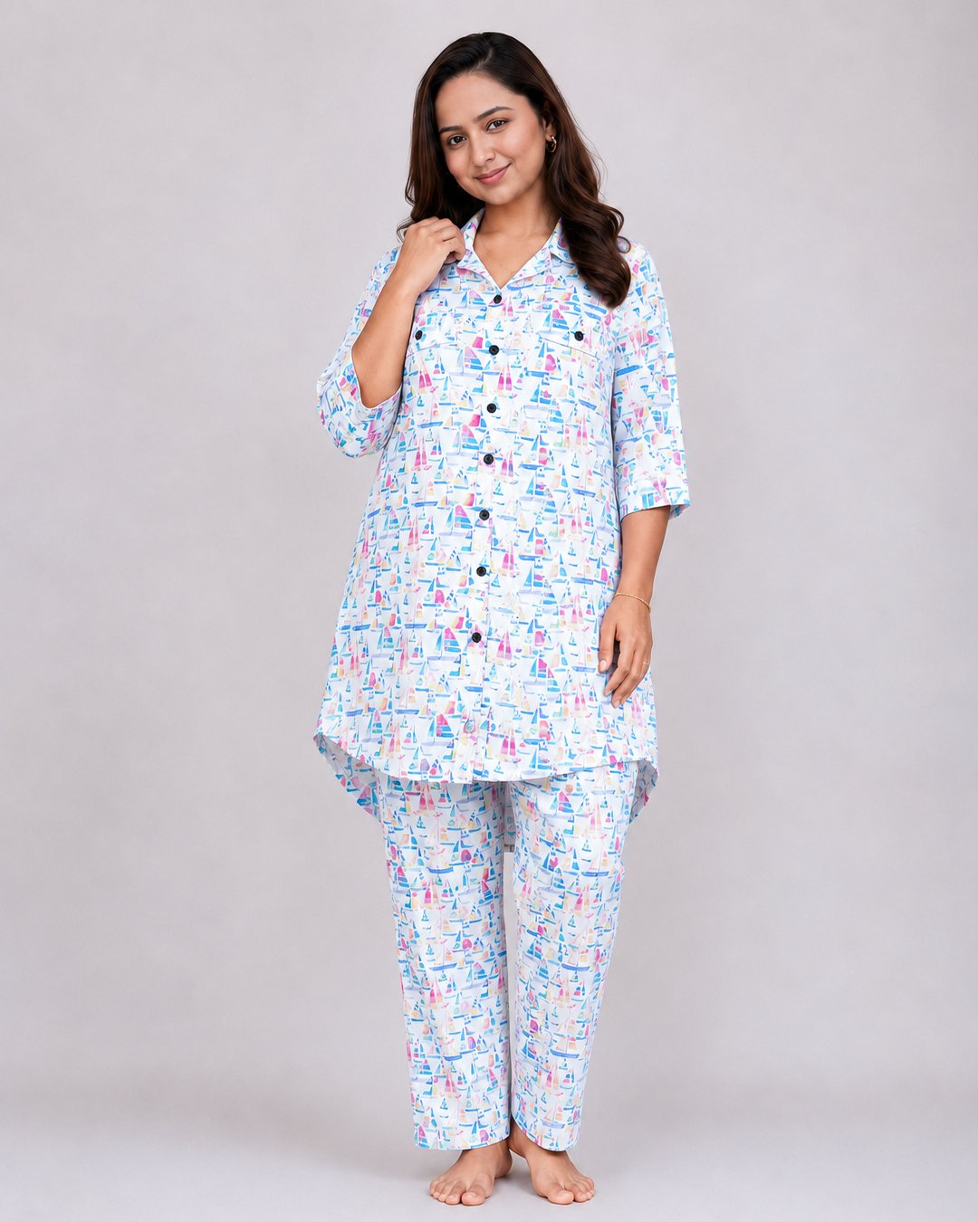 White Multicolor Sailboat Print Co-ord Set
