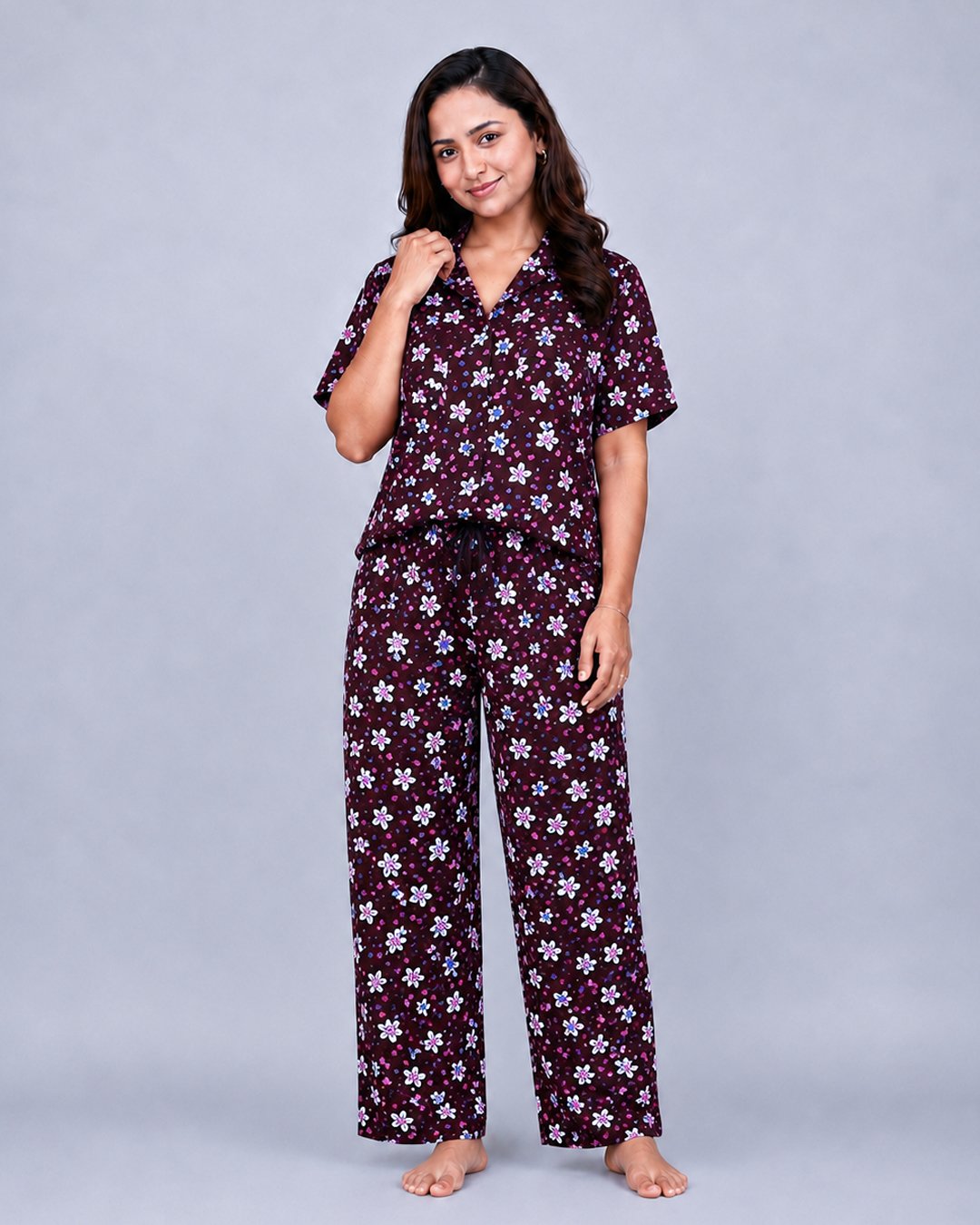 Wine Red Floral Print Co-ord Shirt Set