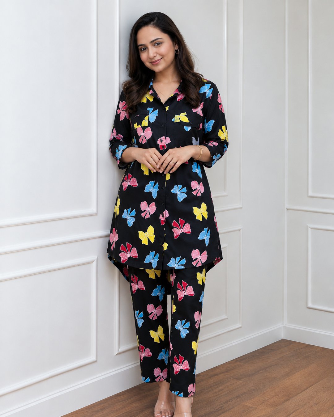 Black Multicolor Bow Print Co-ord Set view 3