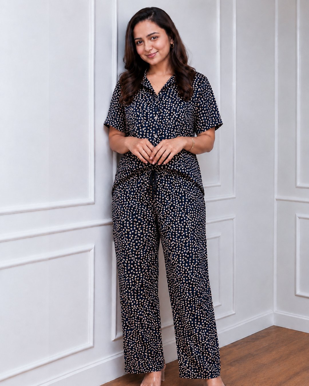 Navy Blue Mini Leopard Print Co-ord Shirt Set view 3