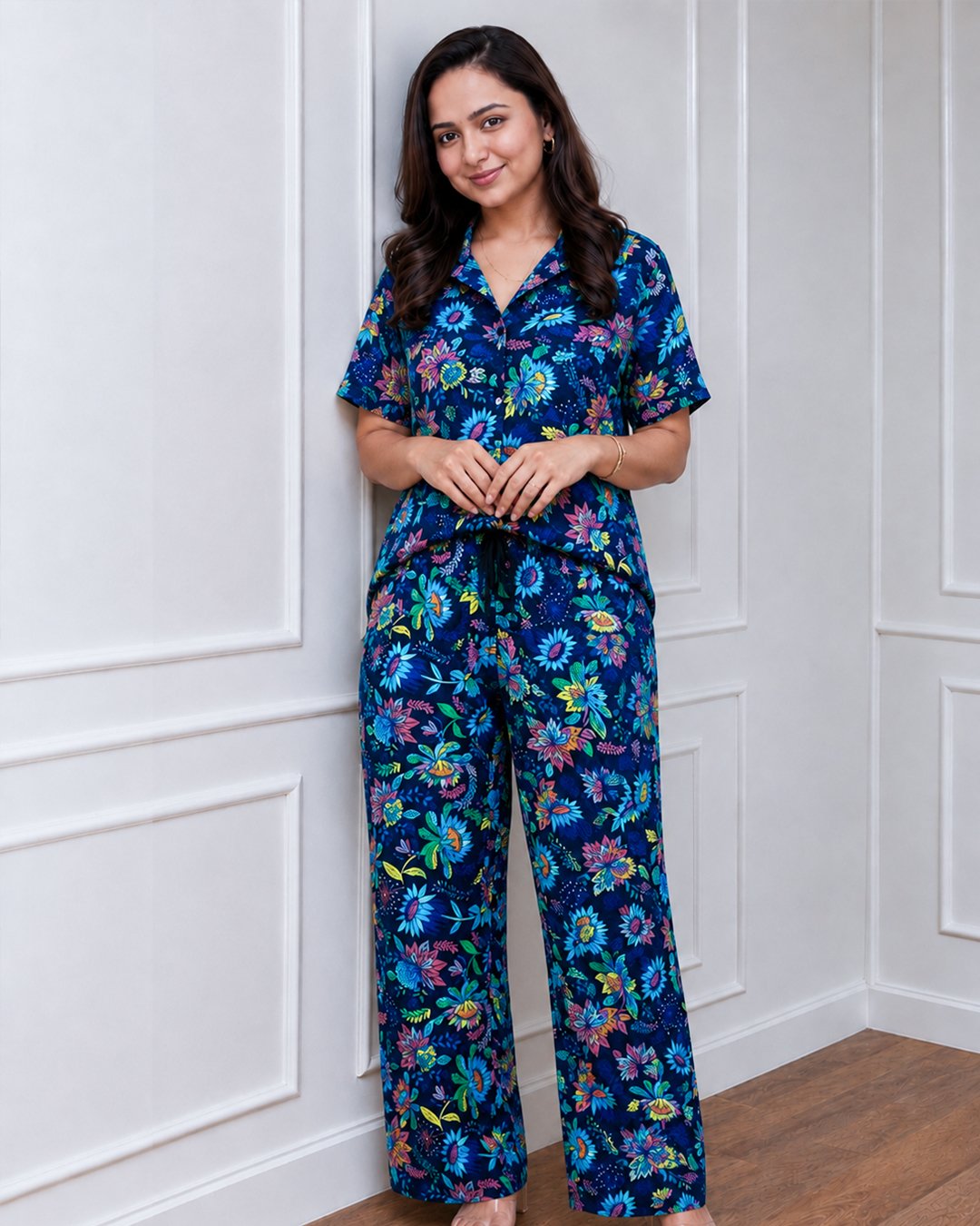 Royal Blue Colorful Floral Print Co-ord Shirt Set view 3