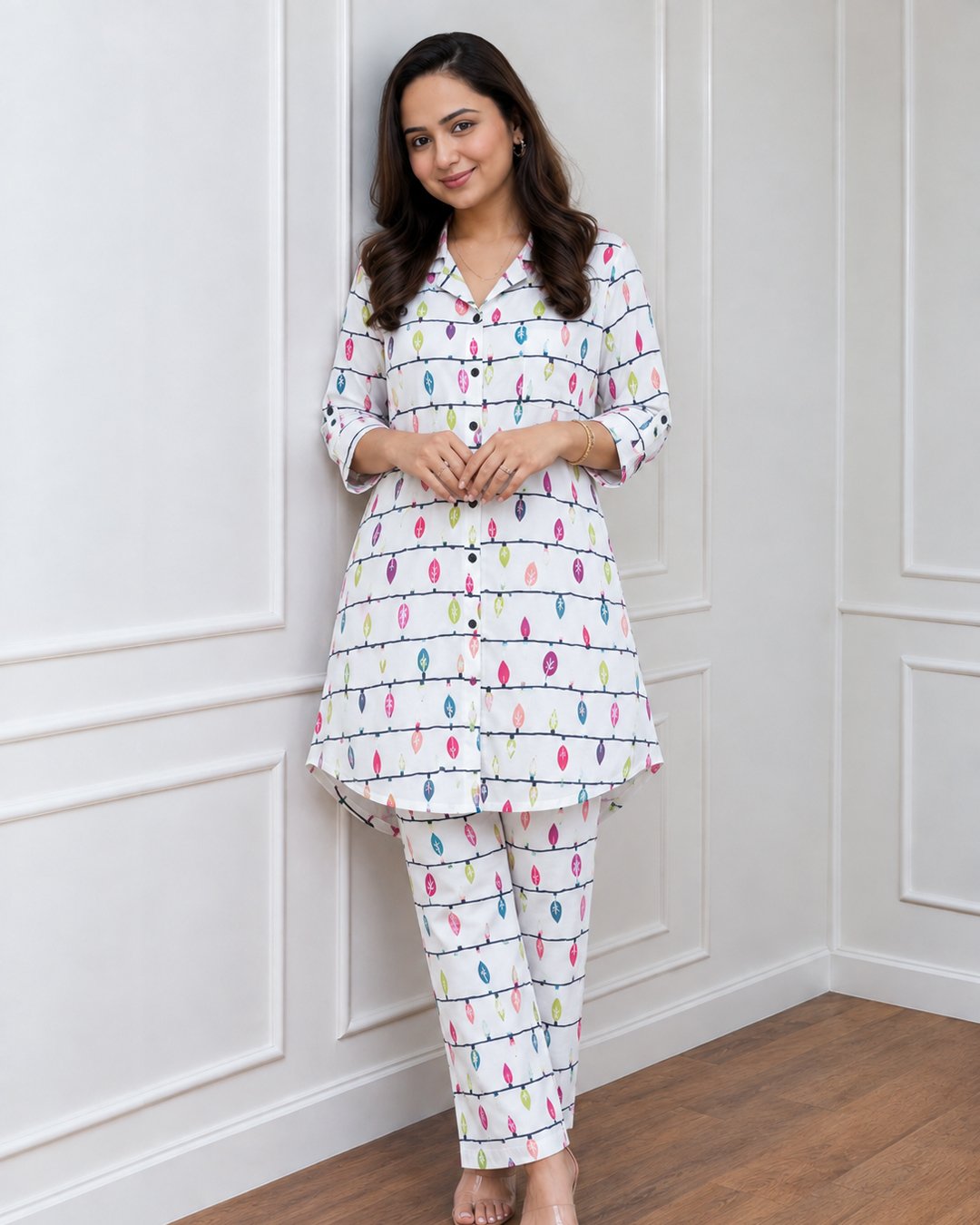 White Multicolor Leaf Print Co-ord Set view 3