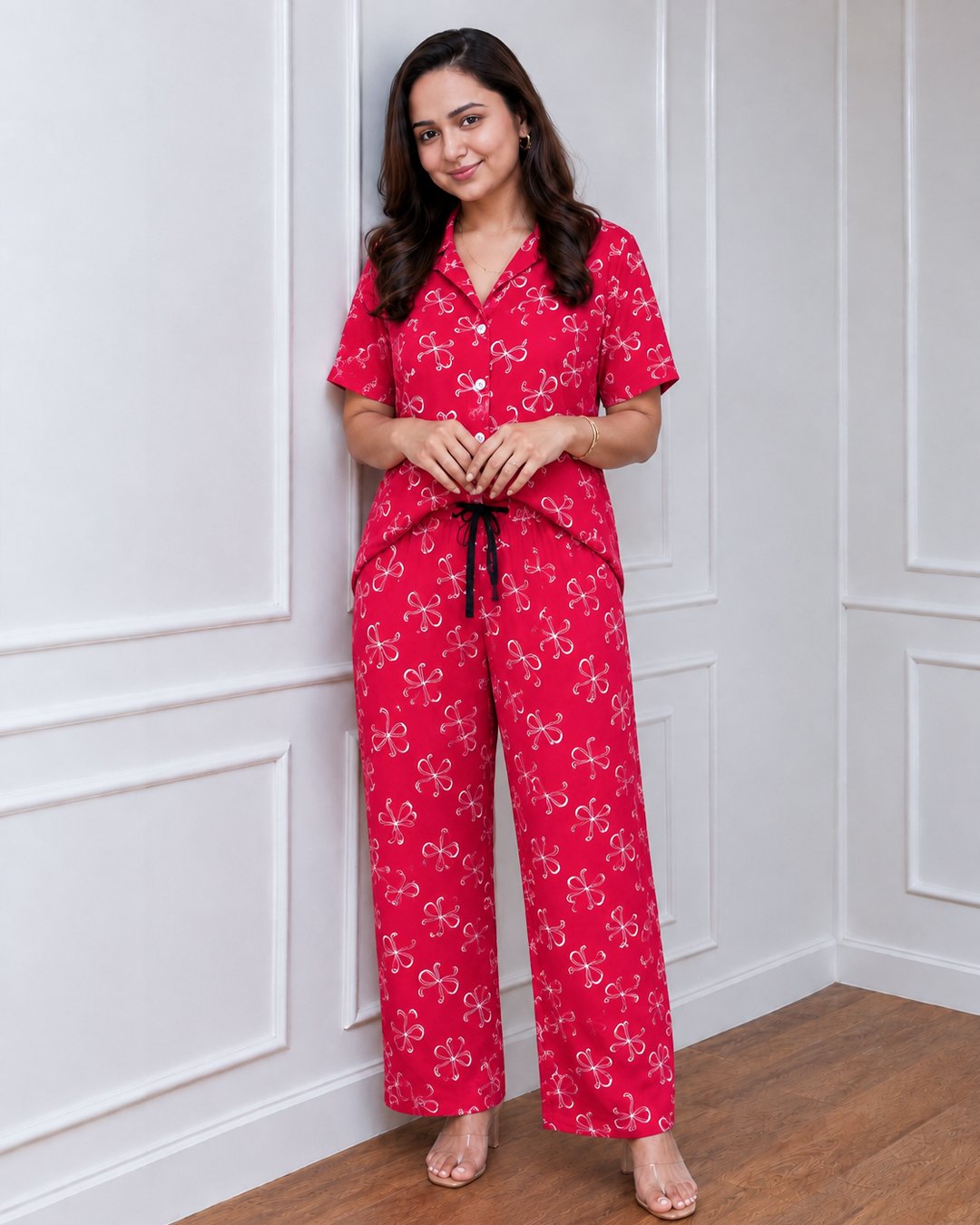 Cherry Red Bow Print Co-ord Shirt Set view 3