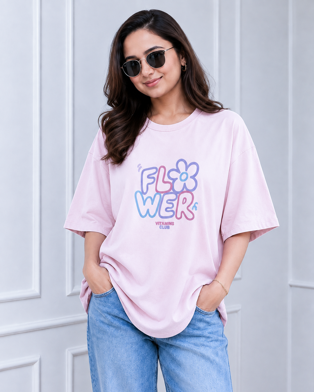 Baby Pink Flower Power Print Long Polo