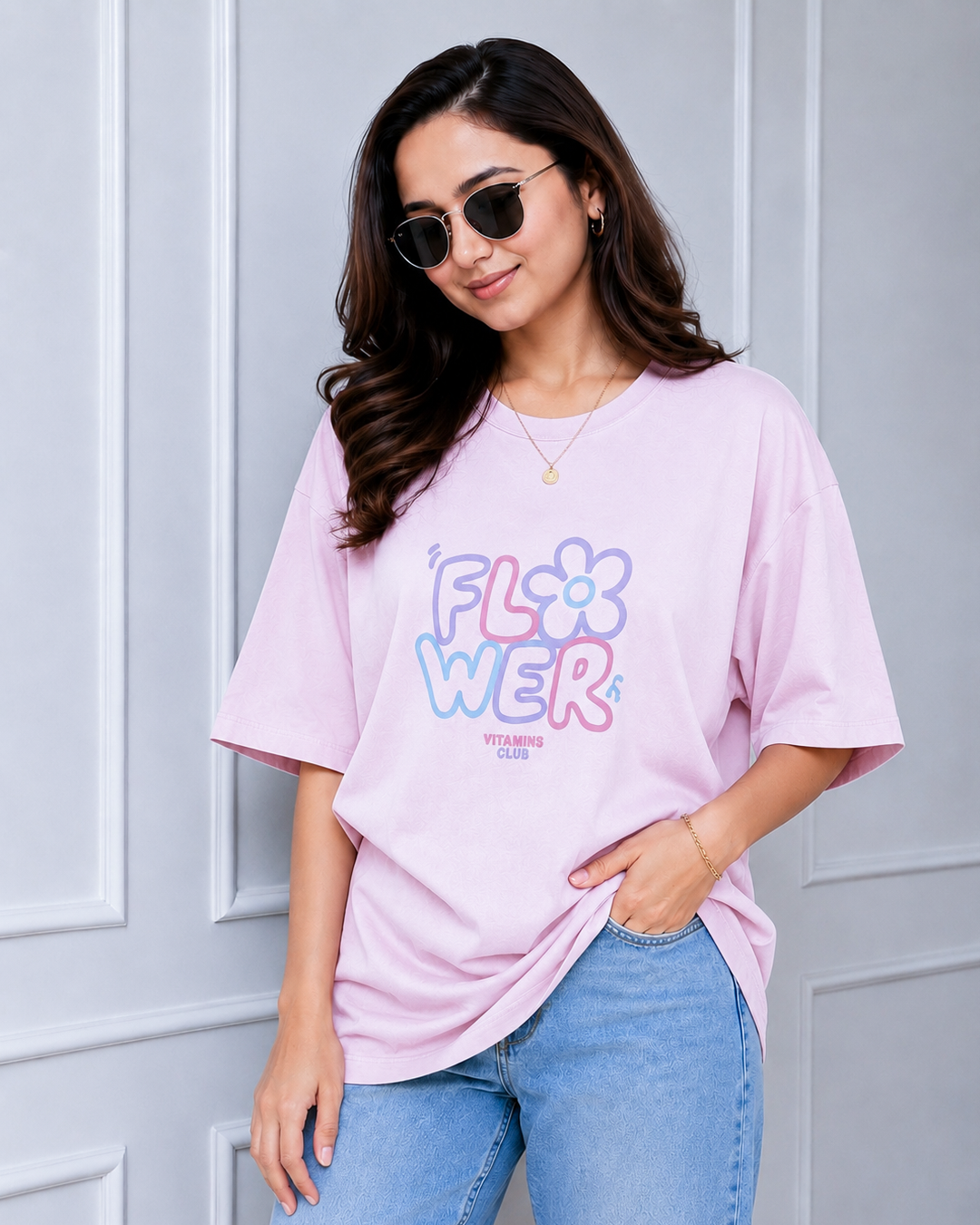 Baby Pink Flower Power Print Long Polo view 3