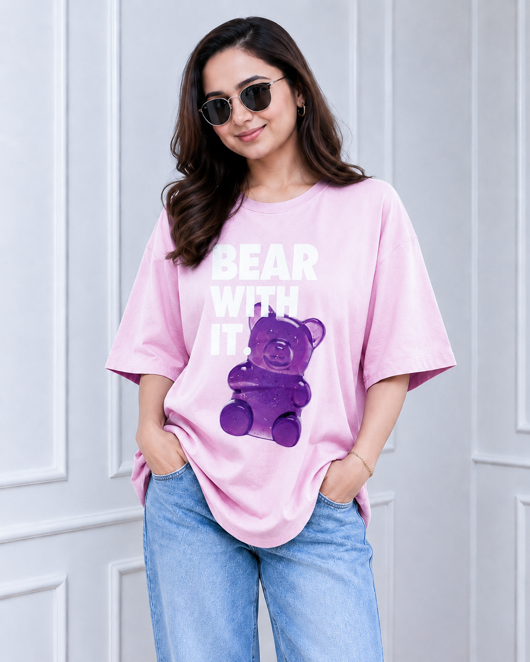 Blush Pink Bear Graphic Print Long Polo