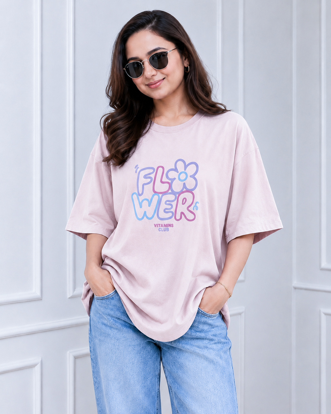 Blush Pink Flower Power Print Long Polo