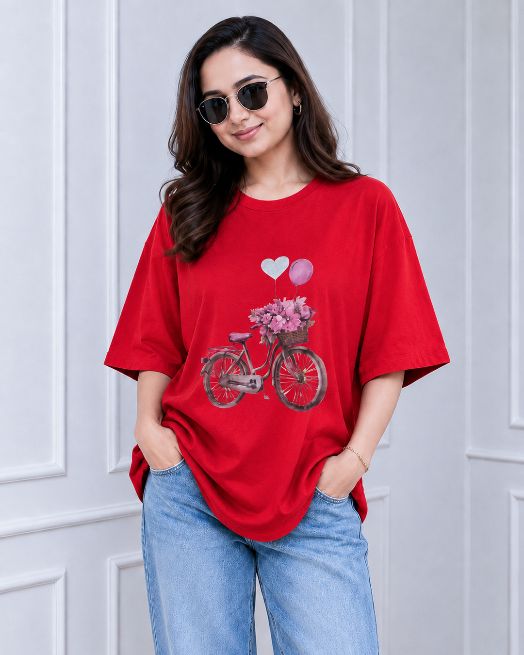 Bright Red Floral Bicycle Print Long Polo