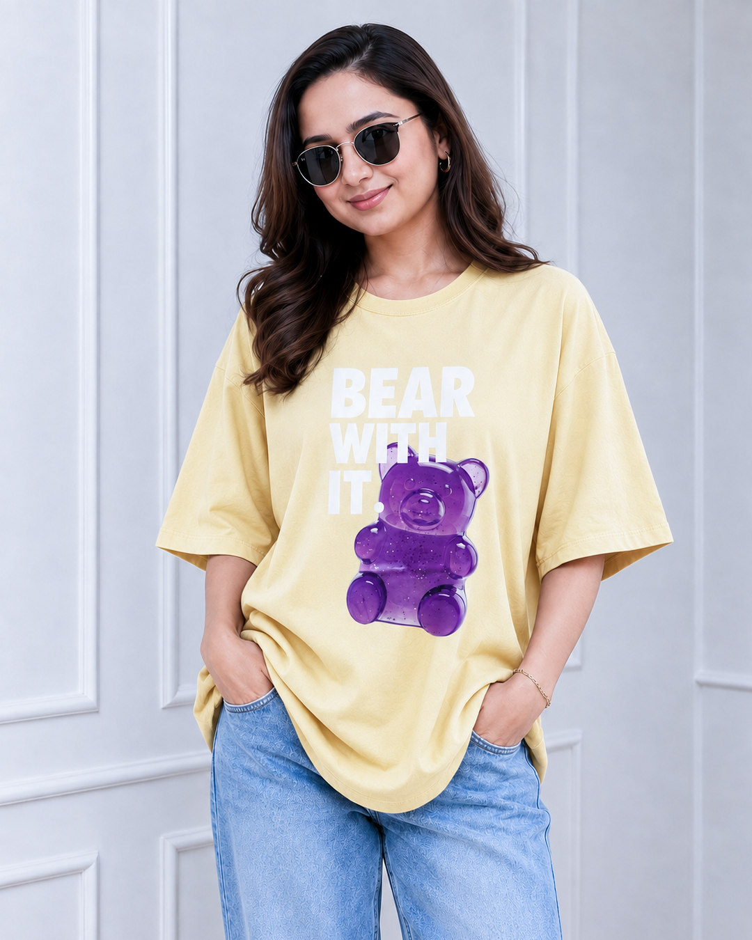Butter Yellow Bear Graphic Print Long Polo