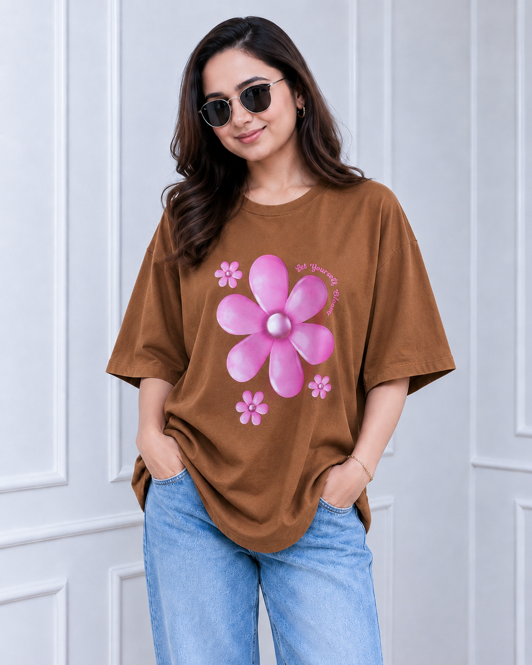 Caramel Brown Blooming Flower Print Long Polo