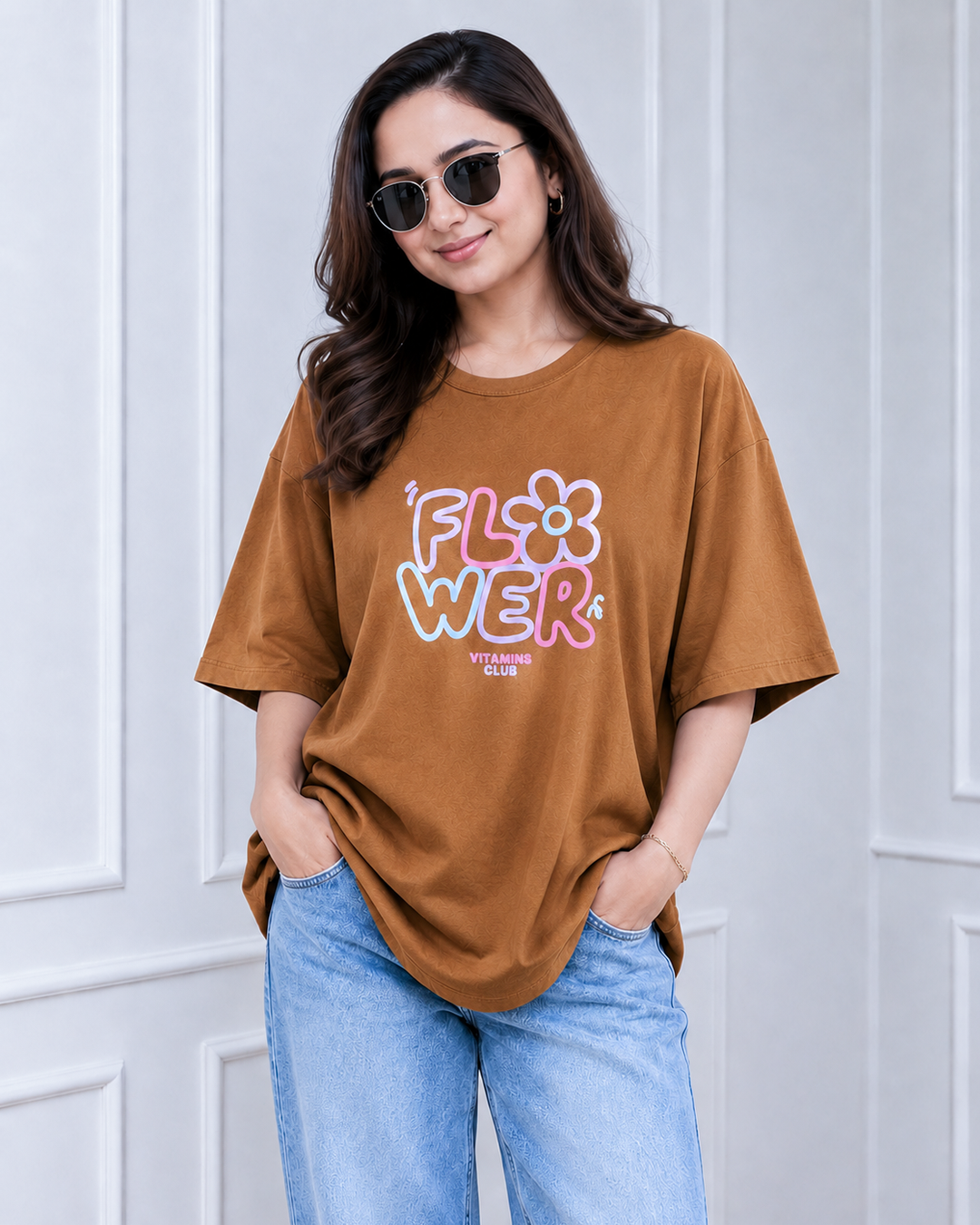 Caramel Brown Flower Power Print Long Polo