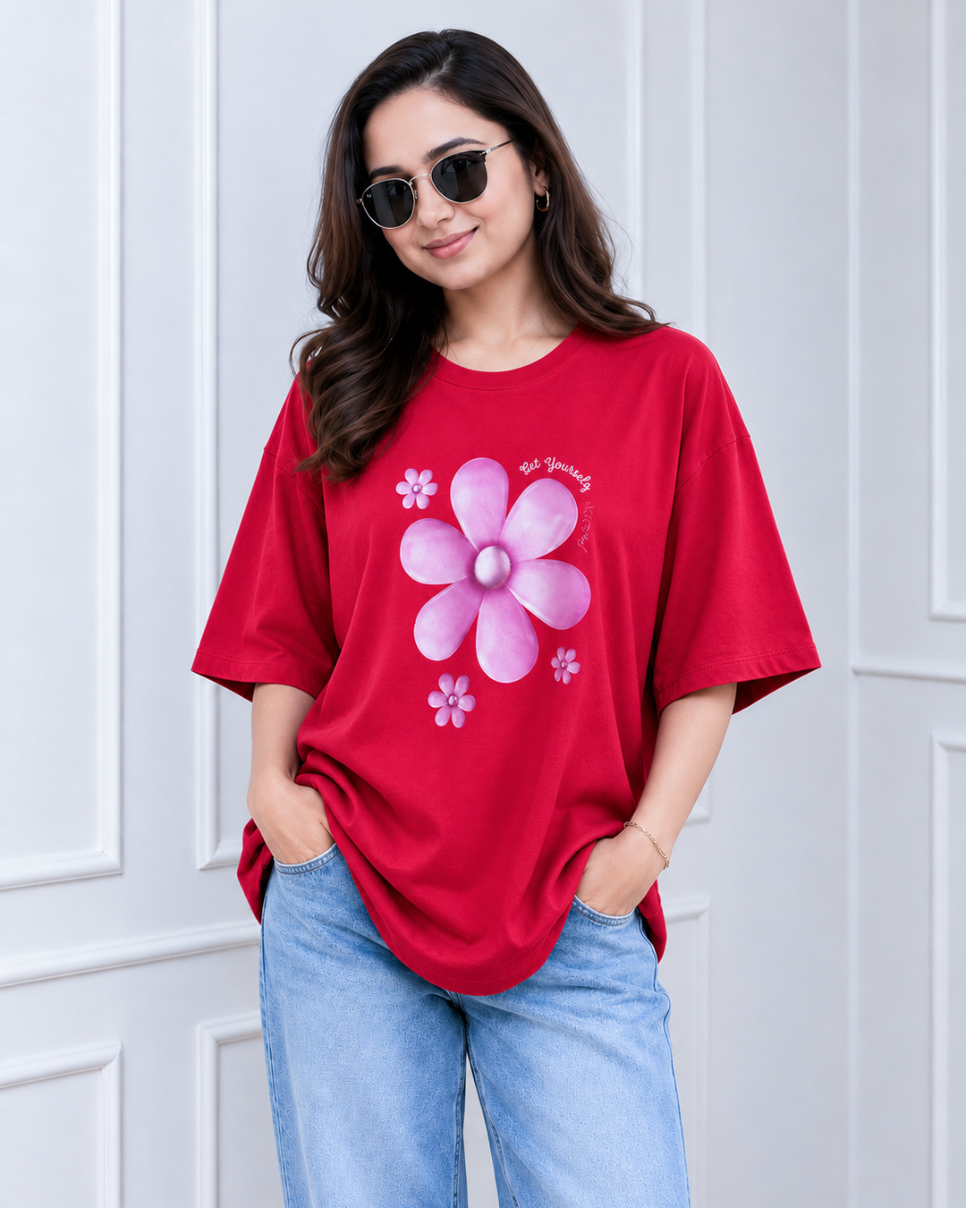 Cherry Red Blooming Flower Print Long Polo