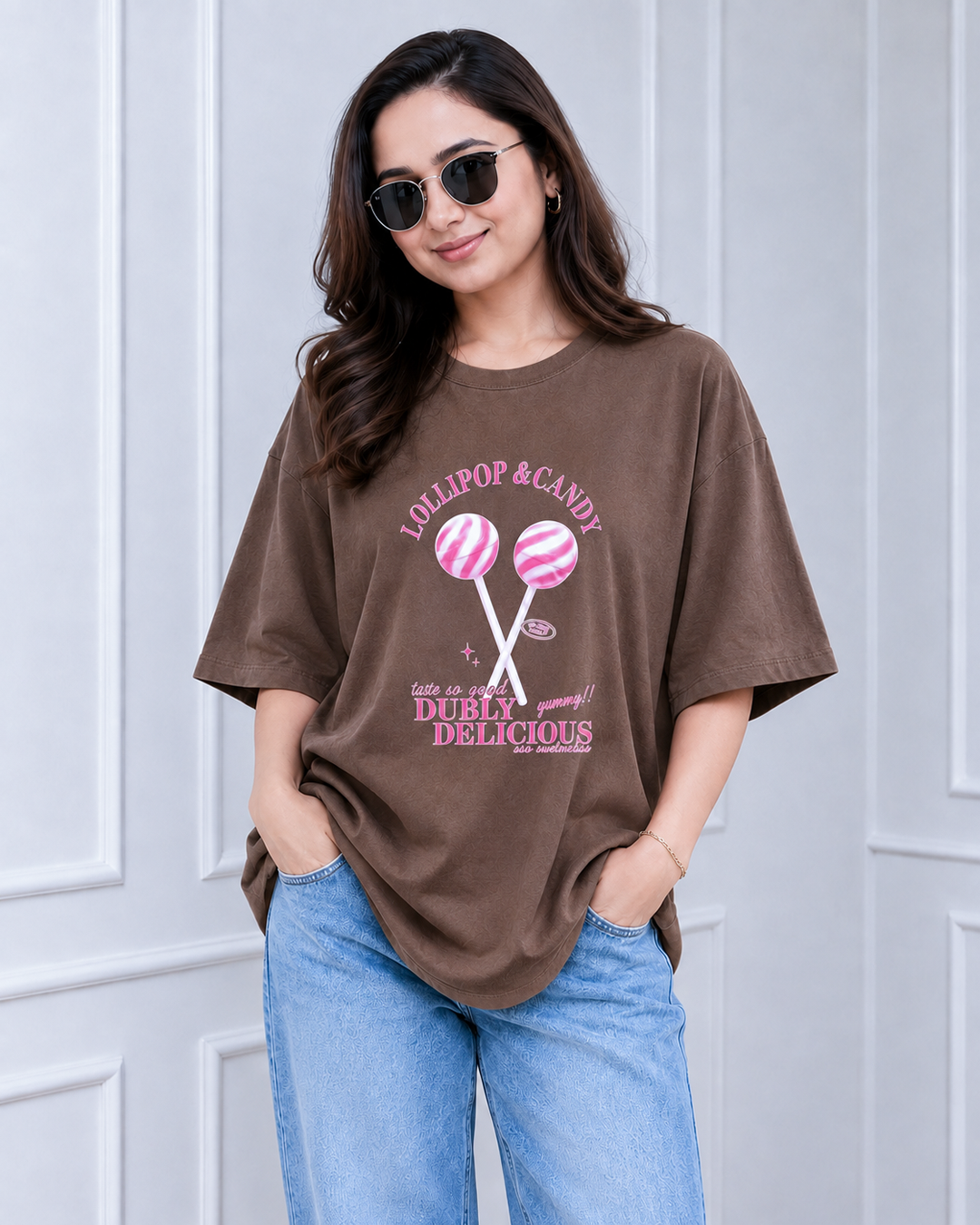 Chocolate Brown Lollipop Graphic Print Long Polo