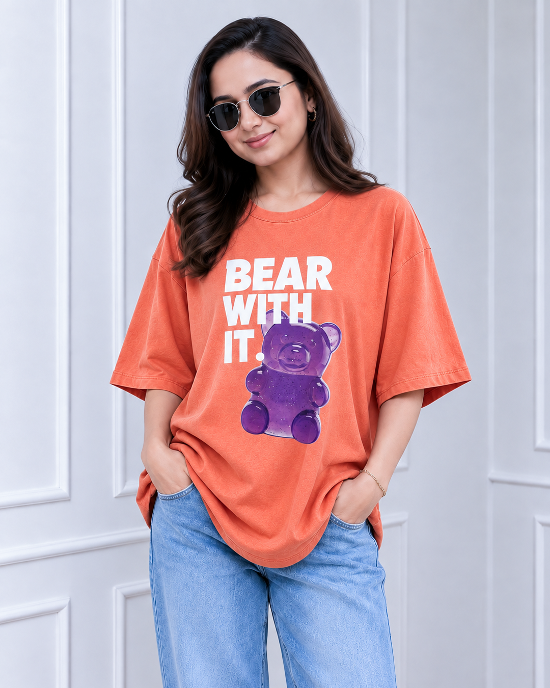Coral Orange Bear Graphic Print Long Polo