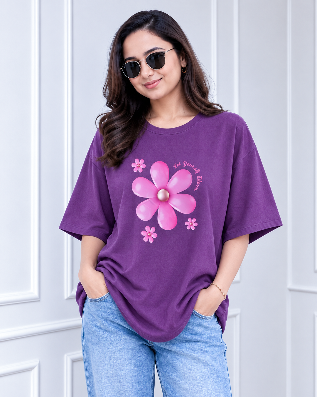Deep Purple Blooming Flower Print Long Polo
