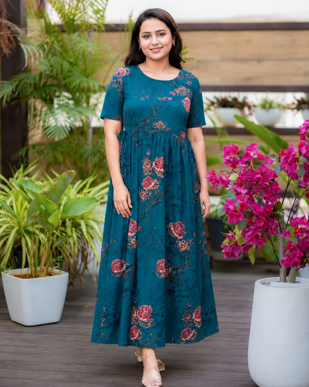 Deep Teal Floral Print Maternity Dress