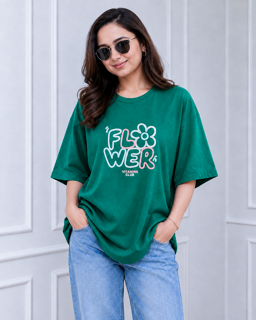 Emerald Green Flower Power Print Long Polo