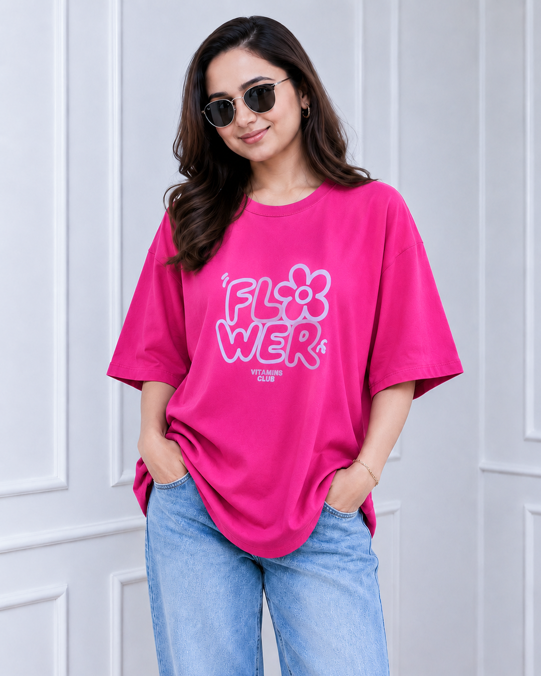 Hot Pink Flower Power Print Long Polo