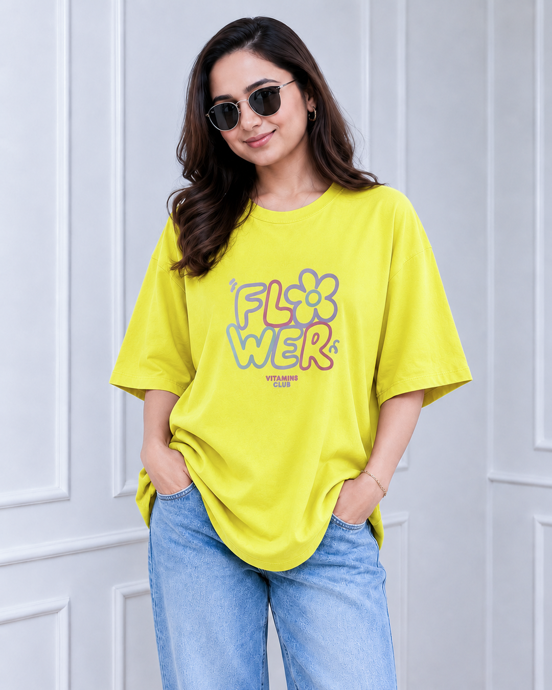 Lemon Yellow Flower Power Print Long Polo