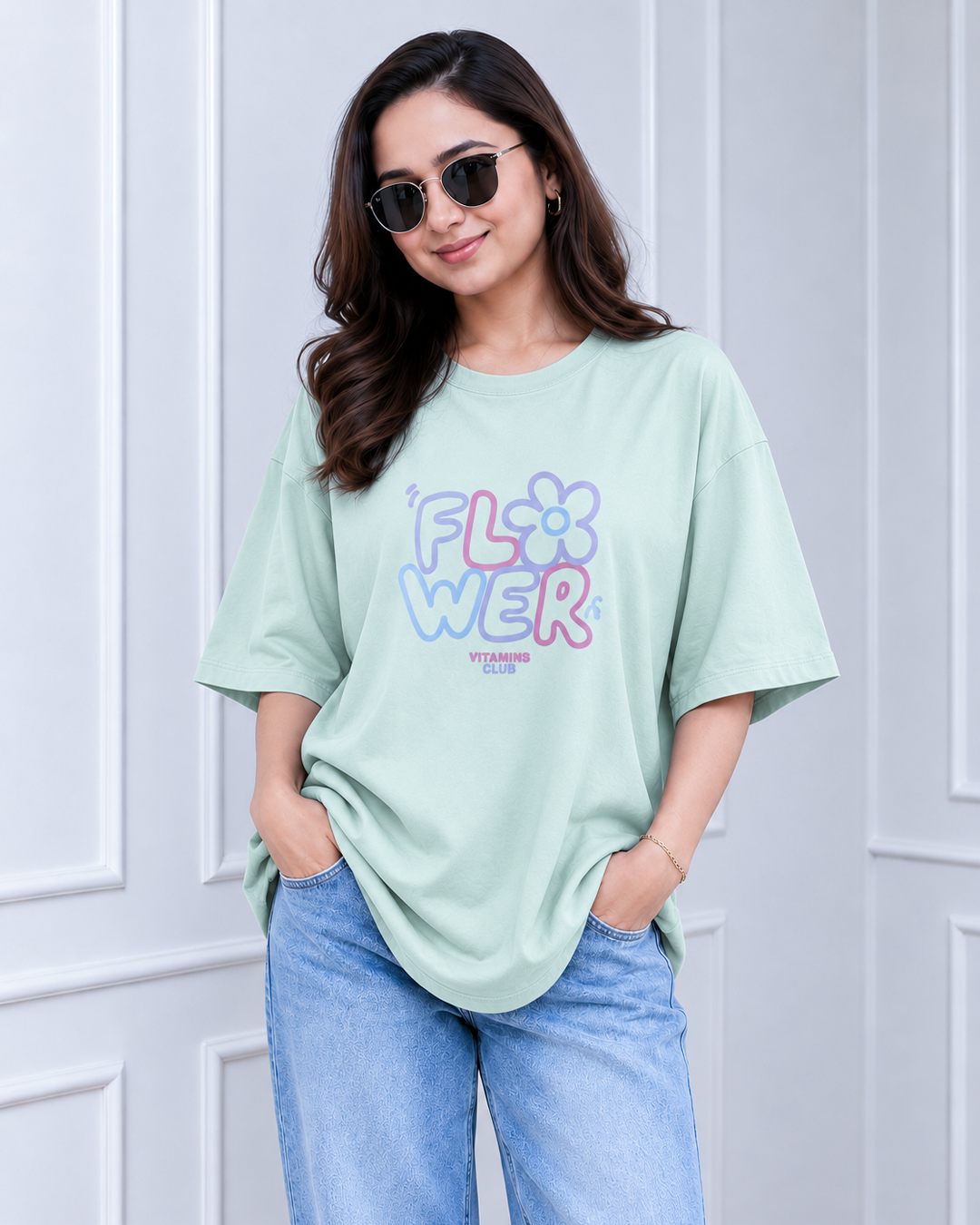 Mint Green Flower Power Print Long Polo