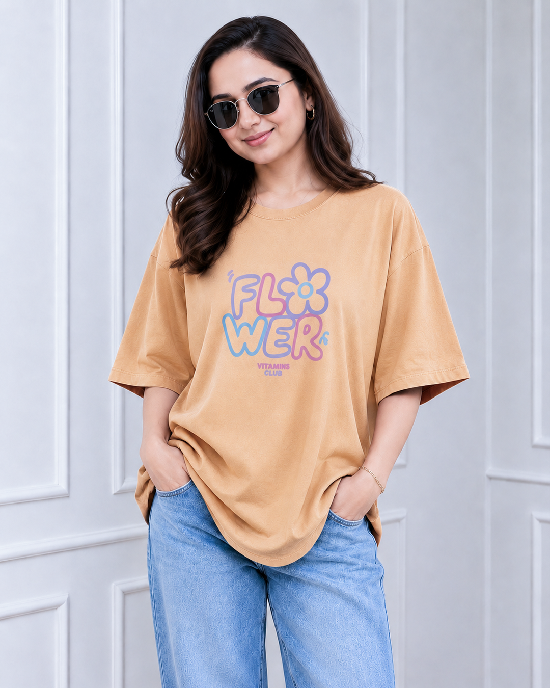 Peach Flower Power Print Long Polo