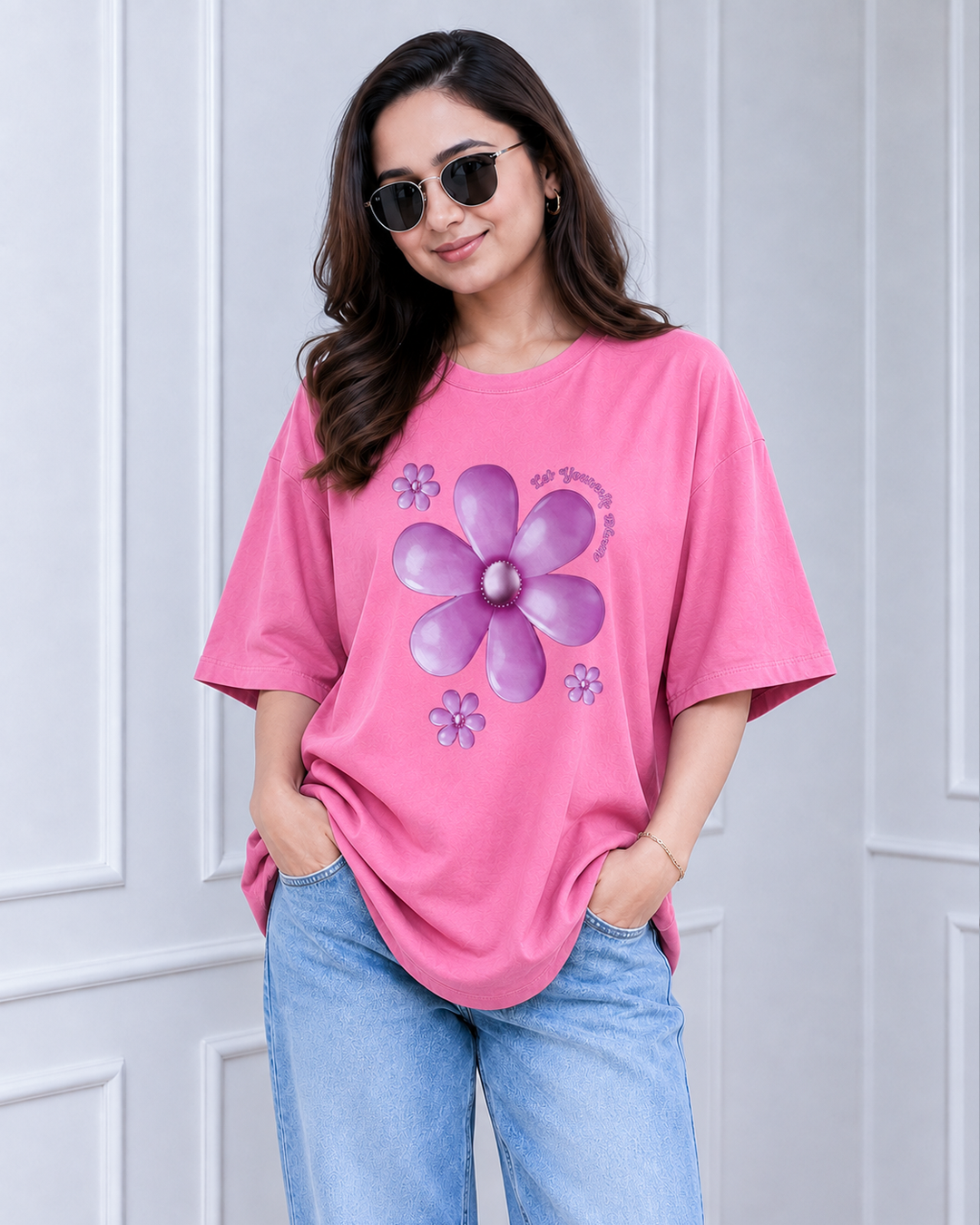 Pink Blooming Flower Print Long Polo
