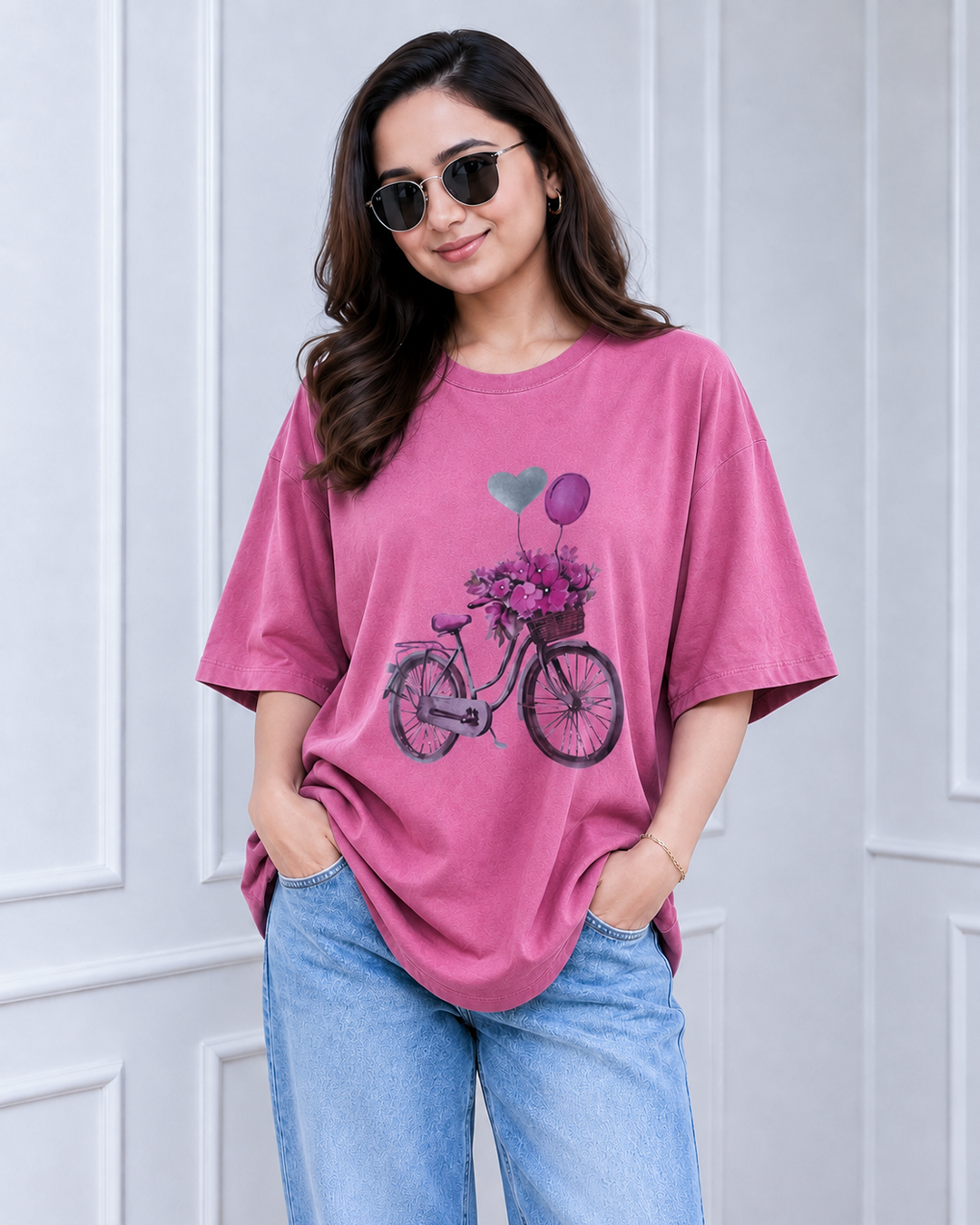 Rose Pink Floral Bicycle Print Long Polo