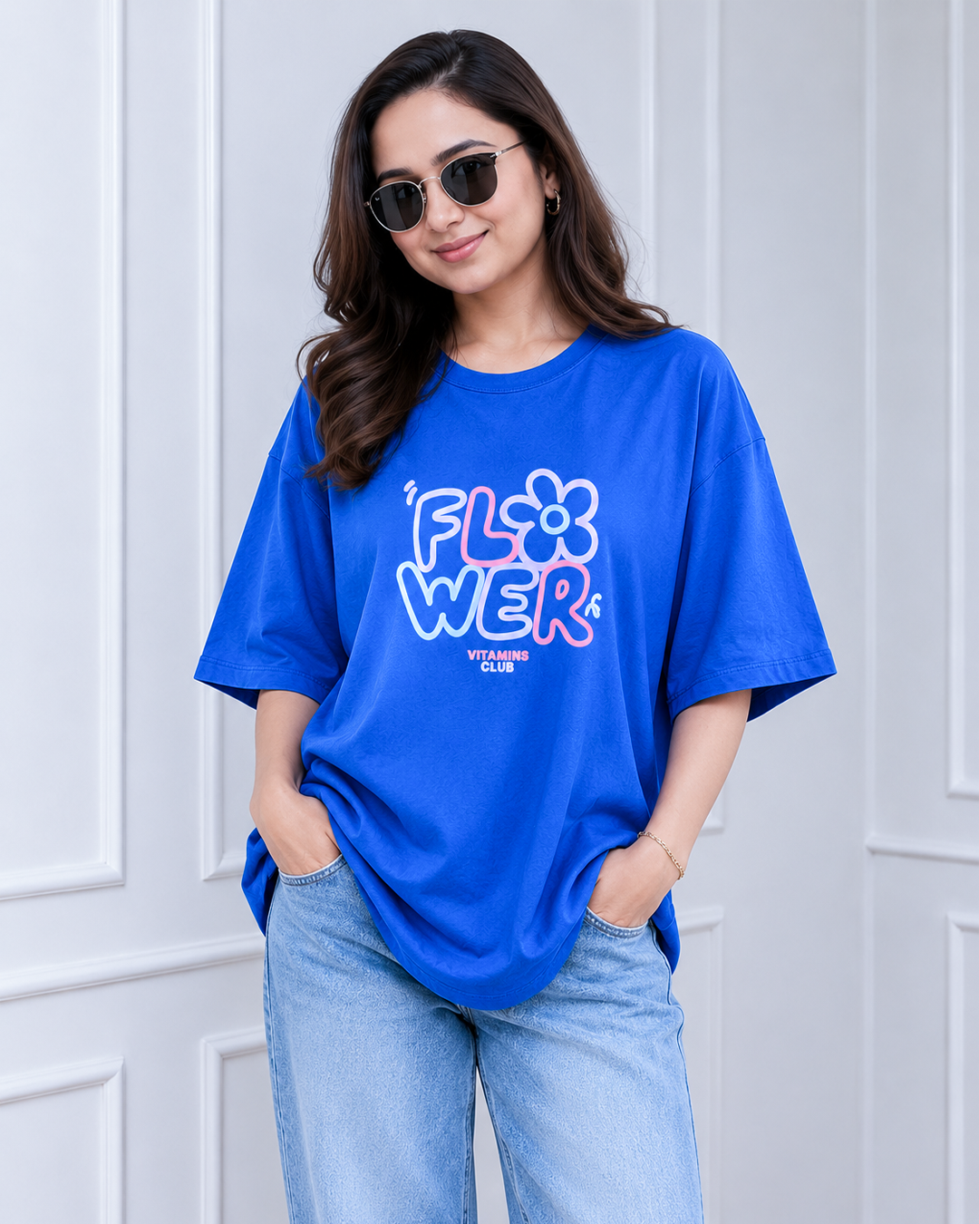 Royal Blue Flower Power Print Long Polo