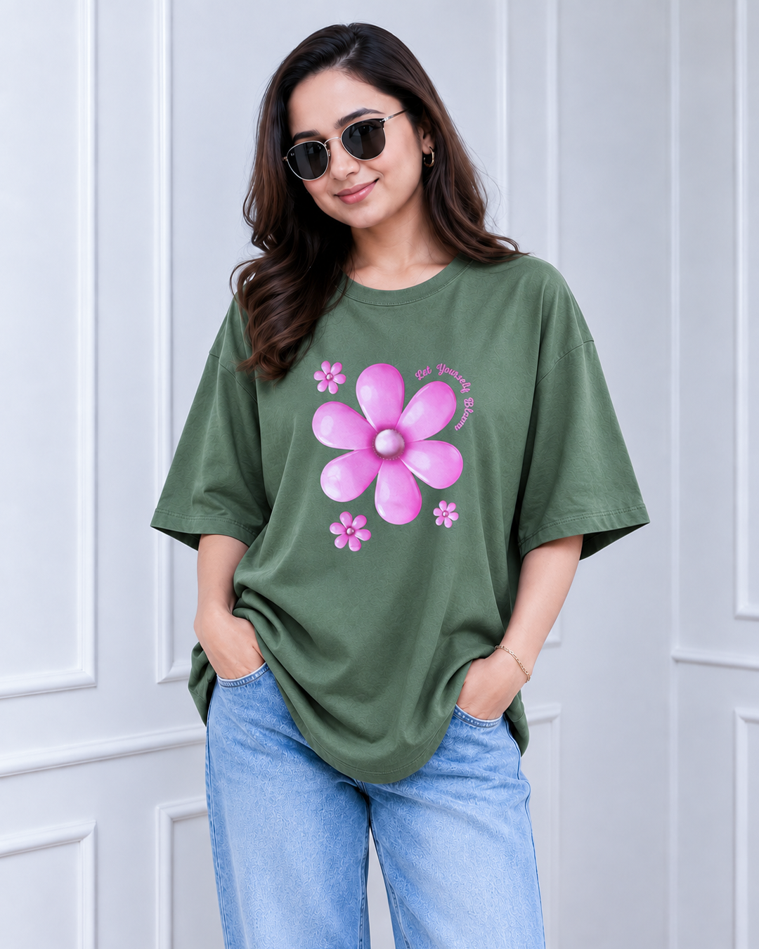 Sage Green Blooming Flower Print Long Polo