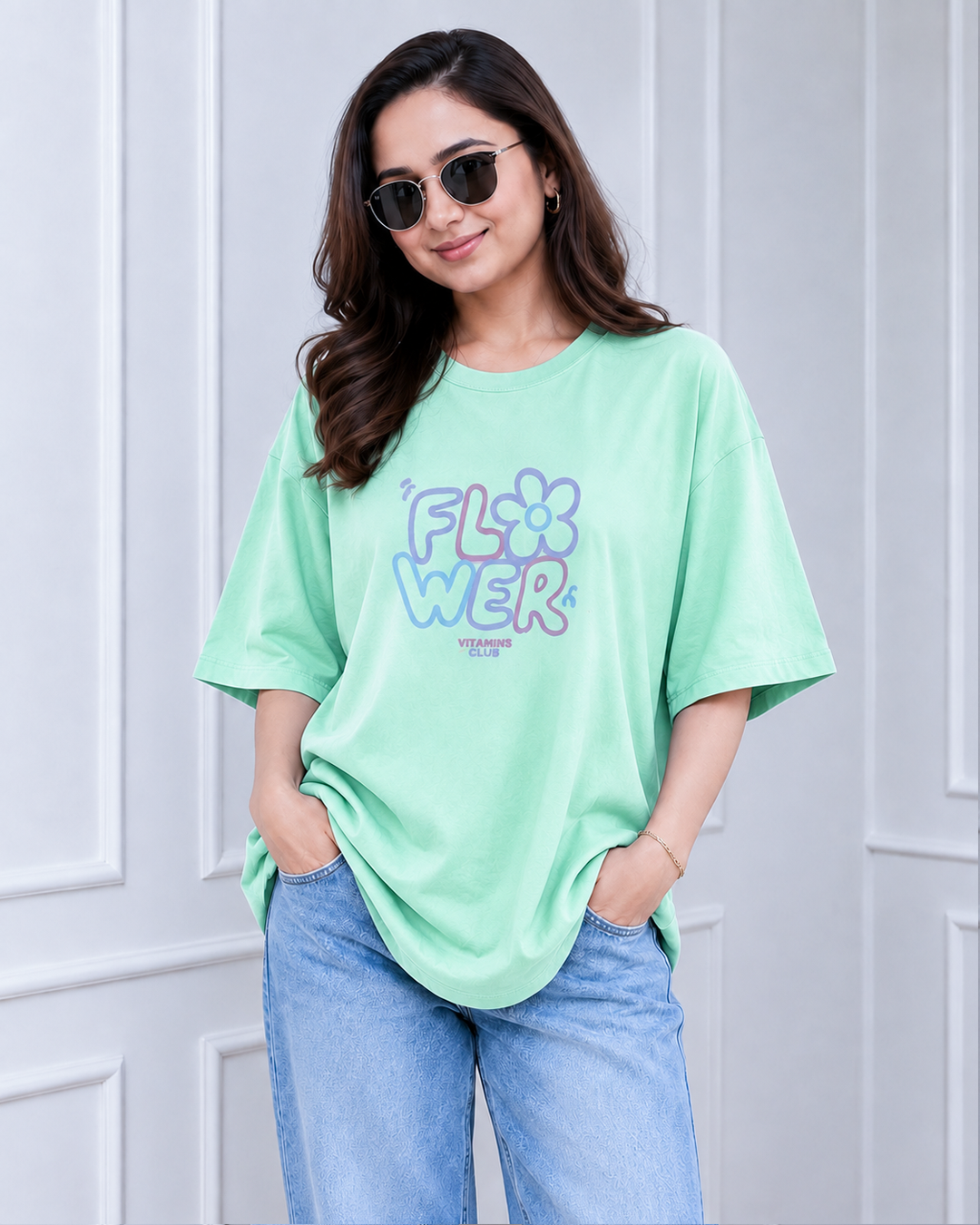 Seafoam Green Flower Power Print Long Polo